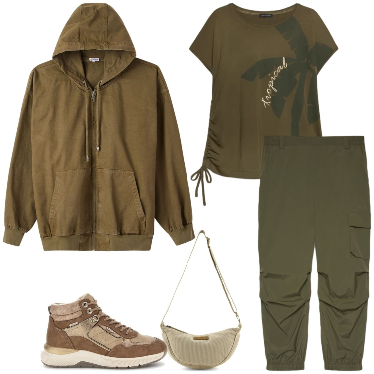 Outfit donna - Total look #2489820. Stile Urban per Tutti i giorni. Abbinamento con pantaloni cargo, t-shirt, blazer, borse a tracolla, sneakers alte.