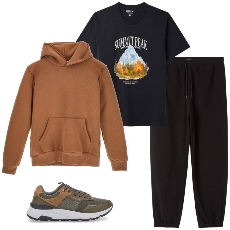 Outfit uomo - Total look #2489821. Stile Urban per Sport. Abbinamento con t-shirt, pantaloni, sneakers, felpe con cappuccio.