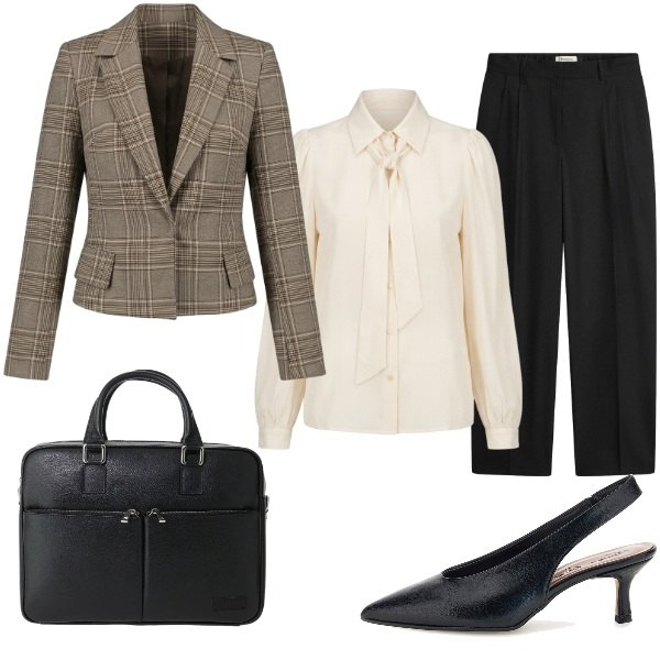 Outfit donna - Emily. Stile Chic per Ufficio. Abbinamento con borse messenger, blazer, camicie, décolleté, pantaloni.