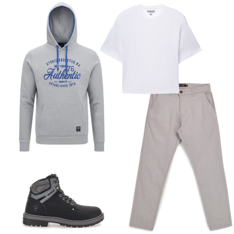 Outfit uomo - Total look #2489823. Stile Casual per Tutti i giorni. Abbinamento con t-shirt, anfibi, felpe con cappuccio, pantaloni.