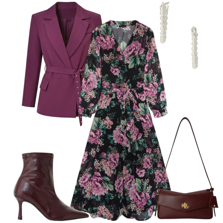 Outfit donna - Total look #2489828. Stile Chic per Cerimonia. Abbinamento con stivaletti, vestiti midi/longuette, orecchini, borse a spalla, blazer.
