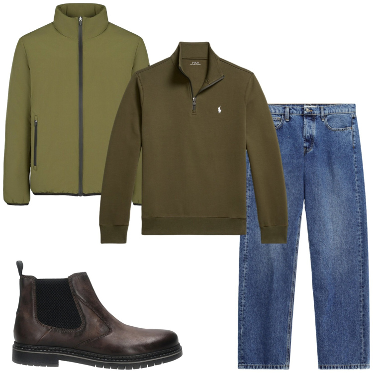 Outfit uomo - Total look #2489829. Stile Casual per Tutti i giorni. Abbinamento con jeans, pullovers, giacche, stivali e stivaletti.
