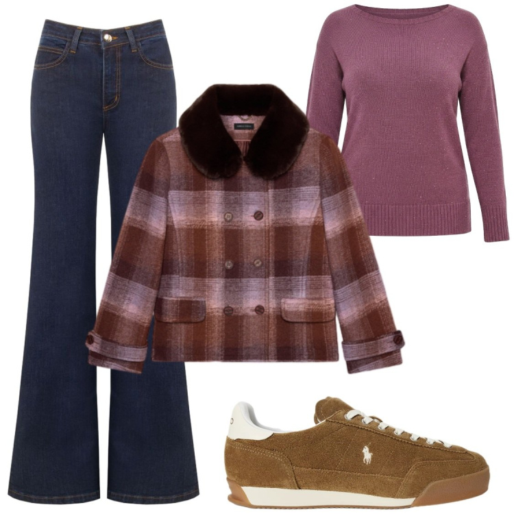 Outfit donna - Total look #2489832. Stile Casual chic per Tutti i giorni. Abbinamento con cappotti, sneakers, jeans a zampa, maglieria.