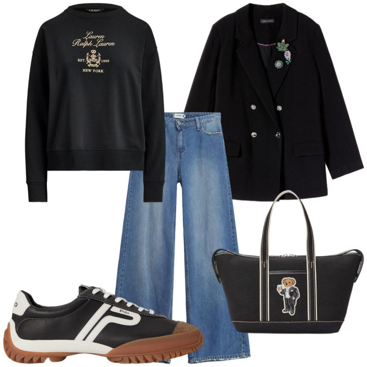 Outfit donna - Original. Stile Casual chic per Tutti i giorni. Abbinamento con blazer, sneakers, borse tote, pullovers, jeans dritti.