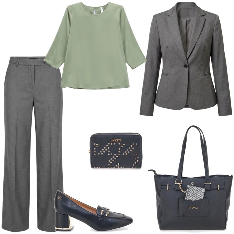 Outfit donna - Total look #2489839. Stile Glamour per Ufficio. Abbinamento con bluse, pantaloni a palazzo, blazer, décolleté, shopping bag, portafogli.