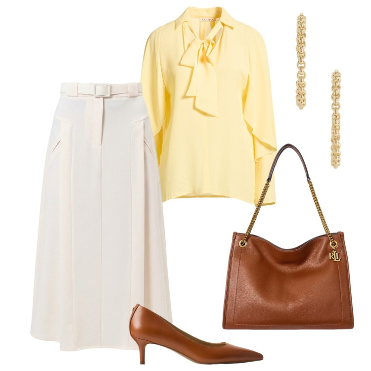 Outfit donna - La camicia giallo burro. Stile Basic per Tutti i giorni. Abbinamento con borse tote, décolleté, orecchini, gonne longuette, top.