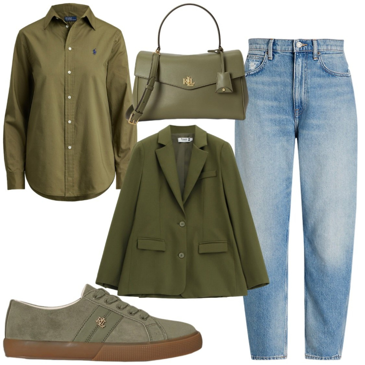 Outfit donna - Verde. Stile Chic per Ufficio. Abbinamento con sneakers, jeans, camicie, borse a mano, blazer.
