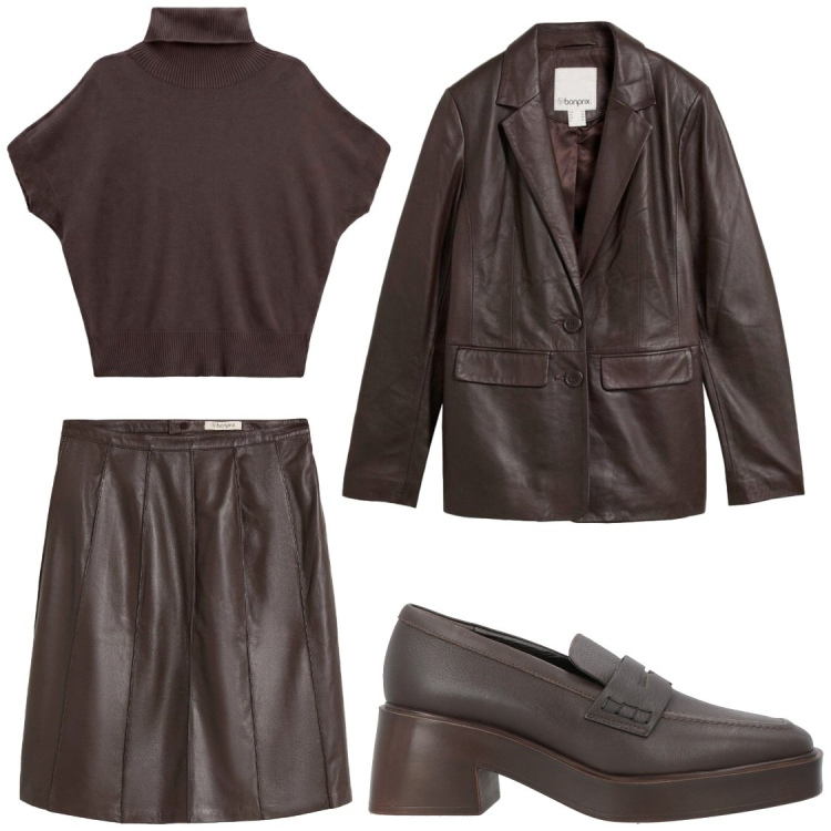 Outfit donna - Pelle marrone. Stile Chic per Ufficio. Abbinamento con t-shirt, mocassini, gonne longuette, blazer.