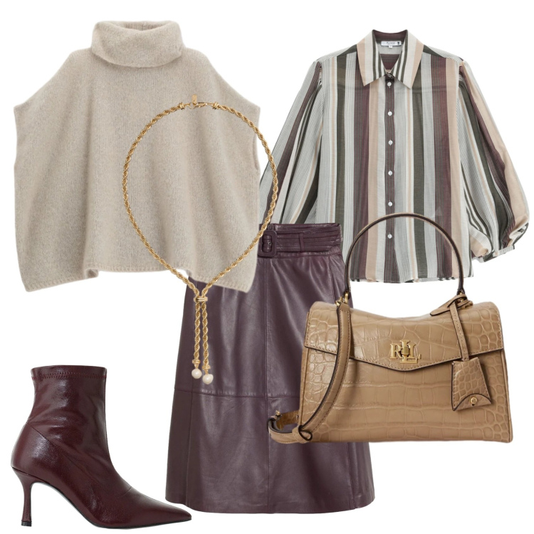 Outfit donna - Autunno casual chic. Stile Casual chic per Ufficio. Abbinamento con stivaletti, borse a mano, collane, maglieria, camicie, gonne.