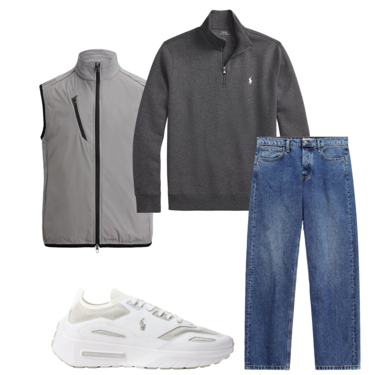 Outfit uomo - Total look #2489886. Stile Trendy per Tutti i giorni. Abbinamento con jeans, pullovers, sneakers, gilet.