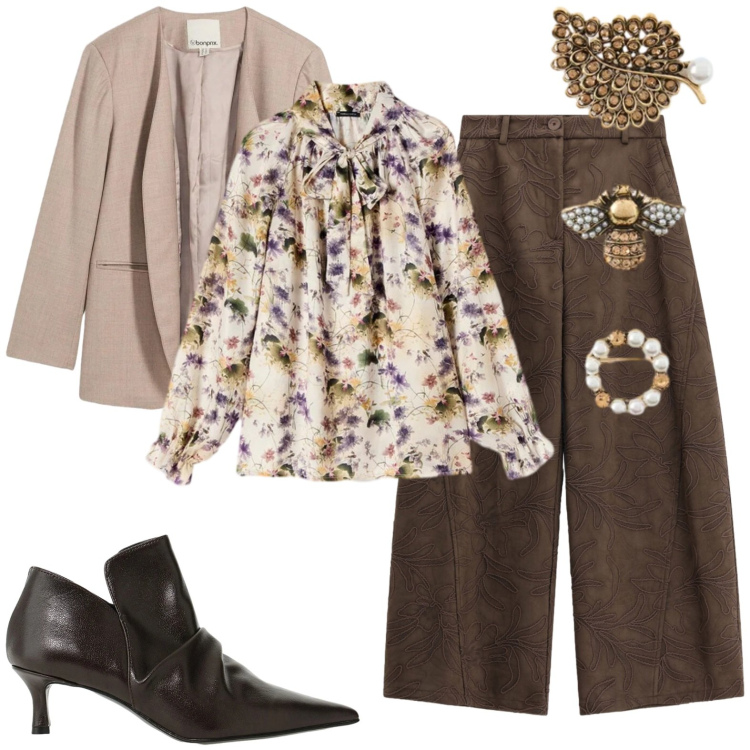 Outfit donna - Sfumature di caffelatte per ufficio. Stile Casual chic per Ufficio. Abbinamento con bluse, accessori per capelli, pantaloni a palazzo, stivaletti, blazer.