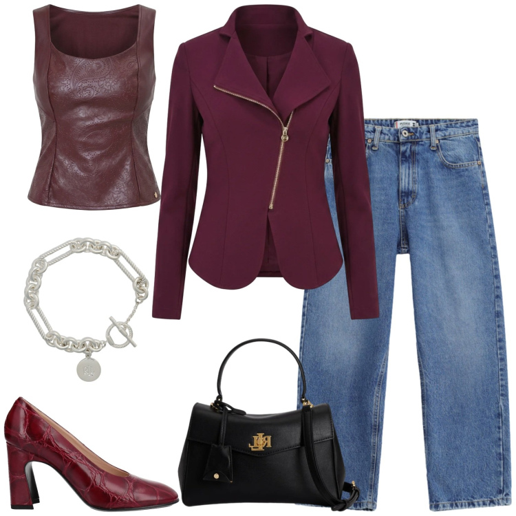 Outfit donna - Total look #2489891. Stile Glamour per Serata fuori. Abbinamento con braccialetti, borse a mano, jeans dritti, top, blazer, décolleté.