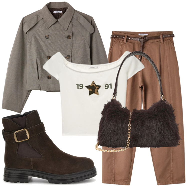 Outfit donna - Terranova autunno. Stile Casual per Tutti i giorni. Abbinamento con caban, pantaloni, t-shirt, borse a spalla, stivaletti.