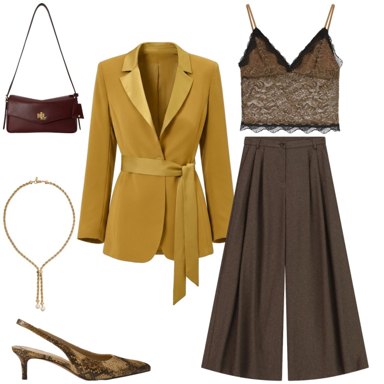 Outfit donna - Total look #2489900. Stile Chic per Cerimonia. Abbinamento con pantaloni a palazzo, décolleté, borse a spalla, collane, top, blazer.