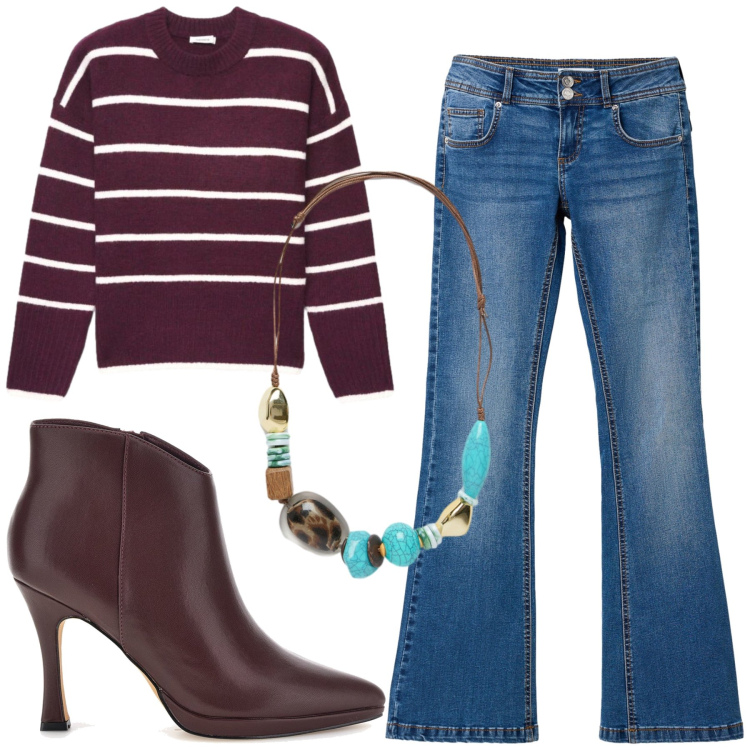 Outfit donna - Casual. Stile Casual per Tutti i giorni. Abbinamento con collane, jeans a zampa, pullovers, stivaletti.