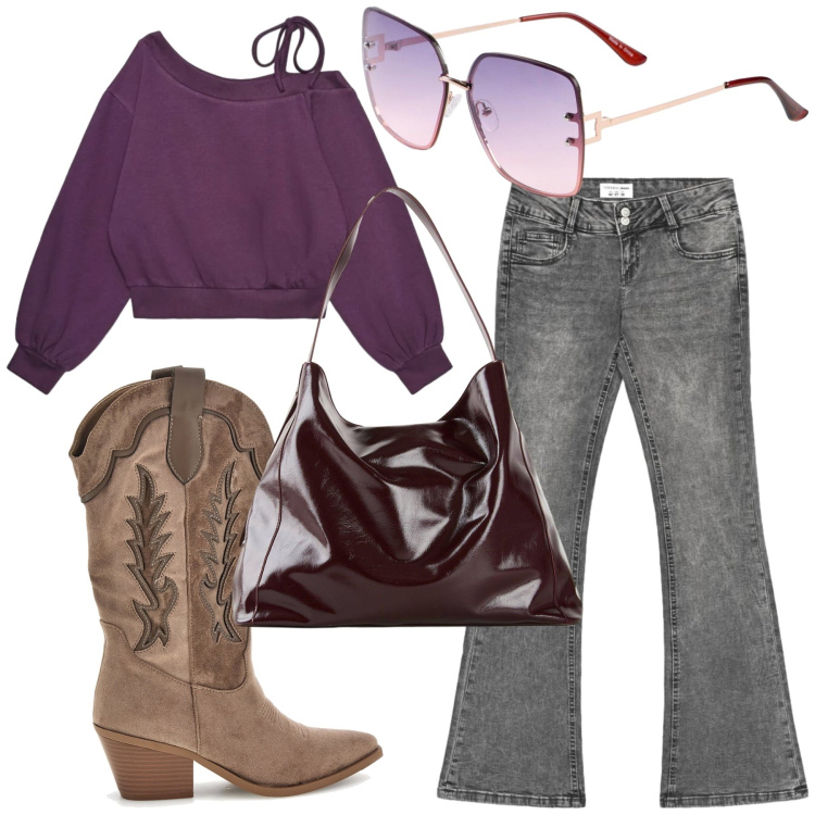 Outfit donna - Country casual. Stile Casual per Tutti i giorni. Abbinamento con jeans bootcut, felpe, shopping bag, occhiali da sole, stivaletti texani.
