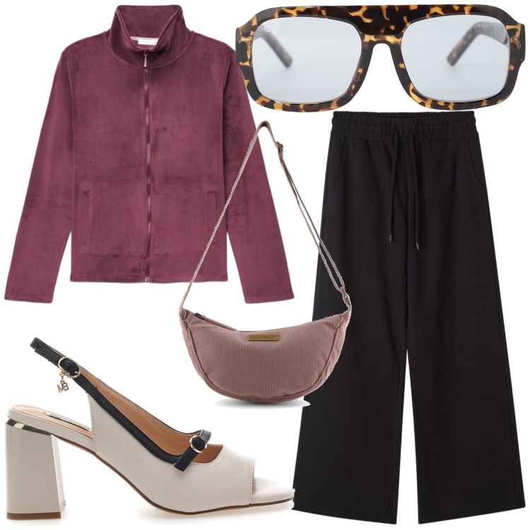 Outfit donna - Casual. Stile Casual per Tutti i giorni. Abbinamento con occhiali da sole, pantaloni, felpe, sandali col tacco, borse a tracolla.