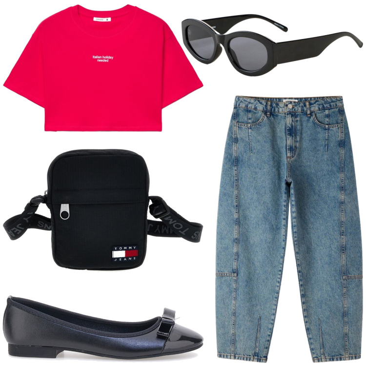 Outfit donna - Minimal. Stile Minimal per Tutti i giorni. Abbinamento con jeans, t-shirt, ballerine, borse a spalla, occhiali da sole.