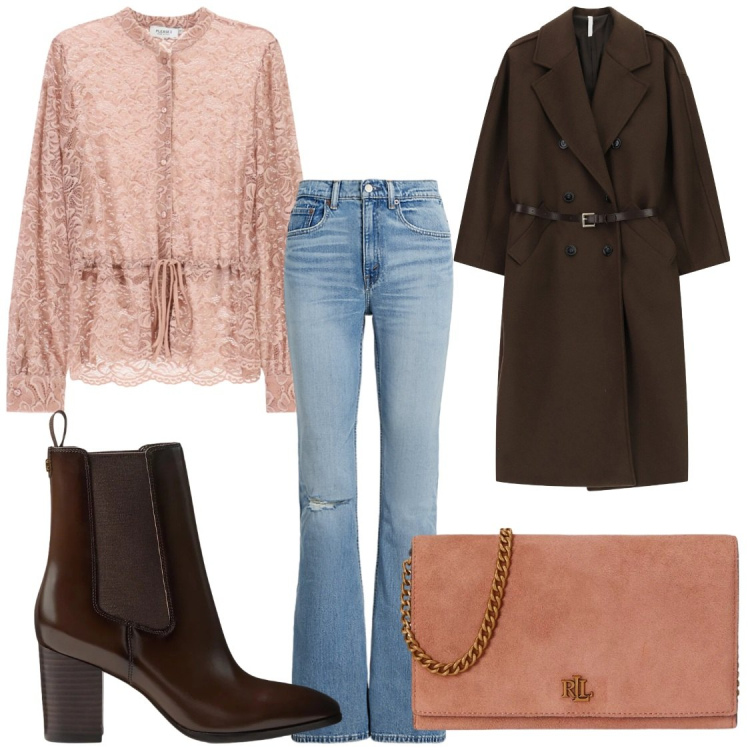 Outfit donna - Total look #2489912. Stile Chic per Serata fuori. Abbinamento con cappotti, jeans, borse a tracolla, stivaletti, bluse.