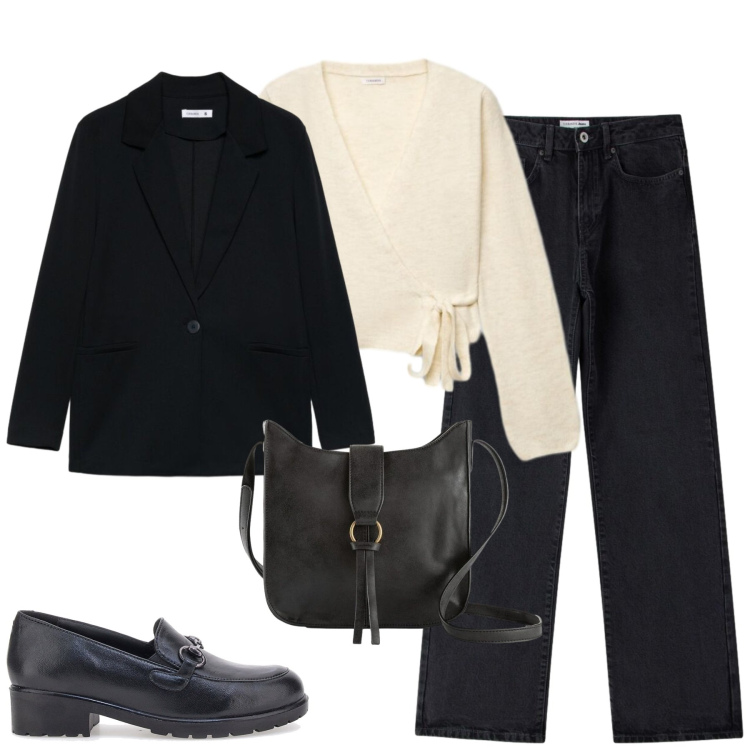 Outfit donna - Ortona. Stile Basic per Tutti i giorni. Abbinamento con blazer, cardigans, jeans dritti, borse a tracolla, scarpe stringate.