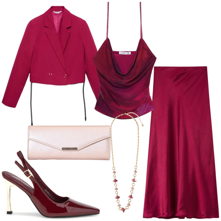 Outfit donna - Serata chic. Stile Chic per Serata fuori. Abbinamento con collane, clutch, gonne lunghe, top, blazer, décolleté.