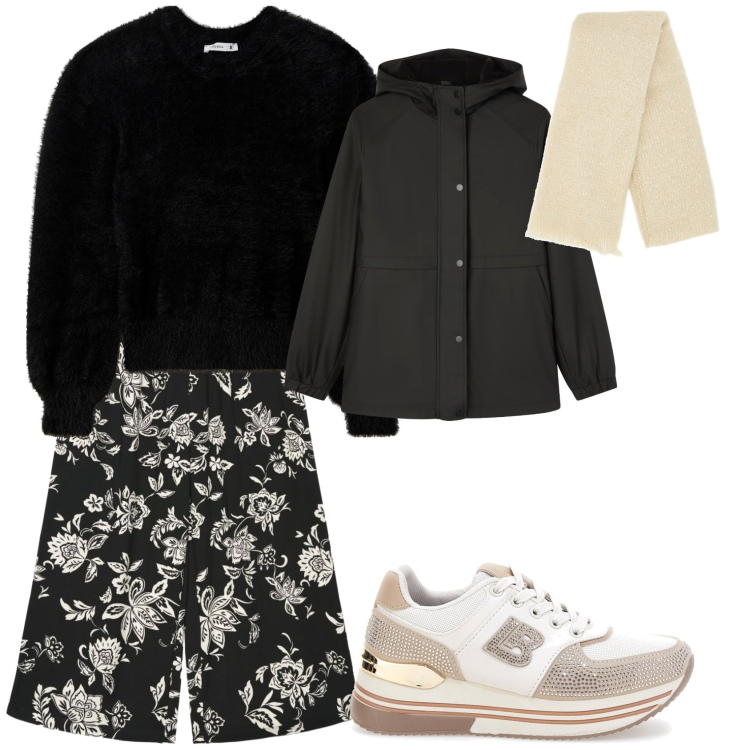 Outfit donna - Terranova. Stile Casual chic per Ufficio. Abbinamento con maglieria, blazer, pantaloni a palazzo, sneakers, sciarpe.
