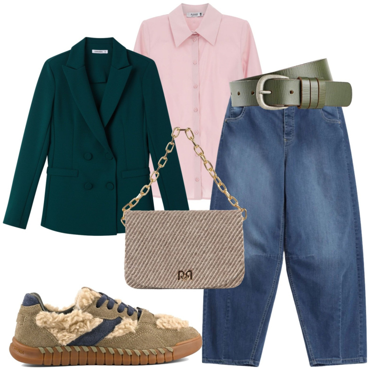 Outfit donna - Ufficio. Stile Casual per Ufficio. Abbinamento con camicie, jeans, borse a spalla, blazer, sneakers, cinture.