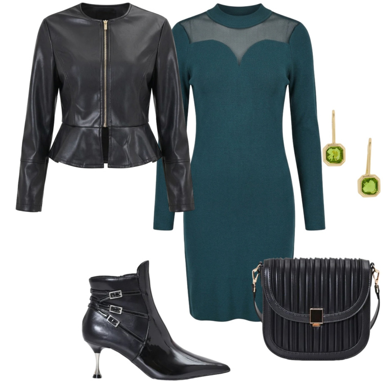Outfit donna - Serata fuori. Stile Casual chic per Serata fuori. Abbinamento con orecchini, giacche, borse a tracolla, stivaletti, vestiti corti.