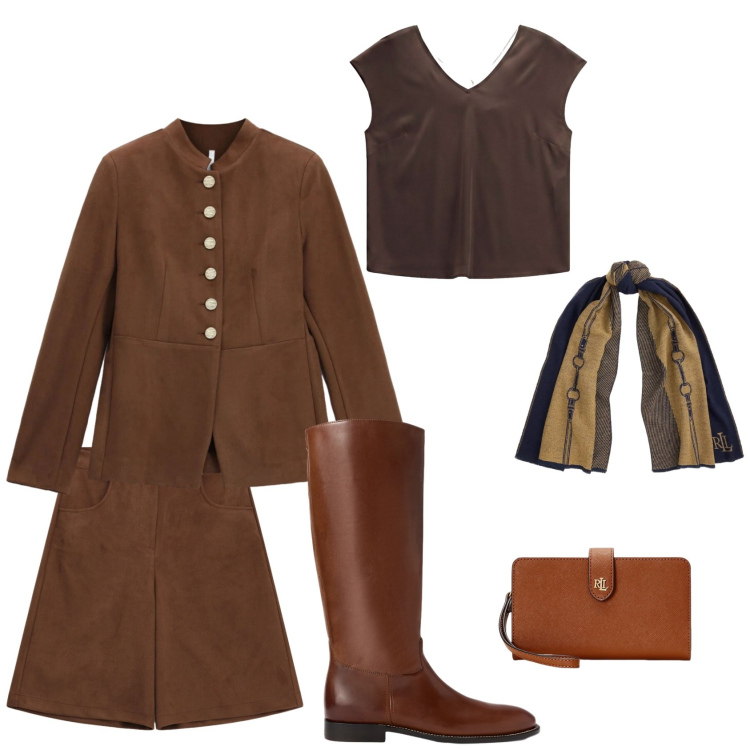 Outfit donna - Total look cioccolato. Stile Casual chic per Serata fuori. Abbinamento con t-shirt, bermuda, blazer, portafogli, stivali, sciarpe.