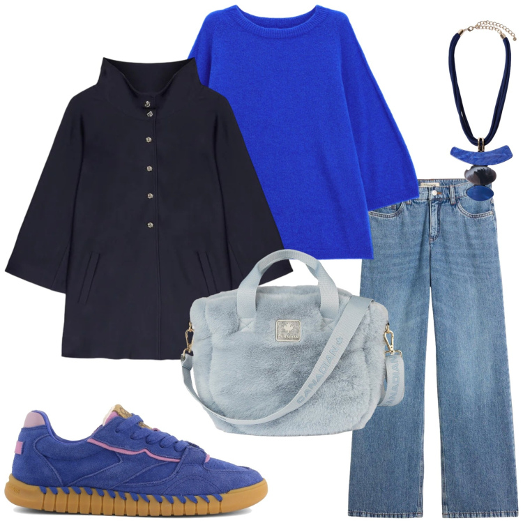 Outfit donna - Total look #2489981. Stile Trendy per Tutti i giorni. Abbinamento con maglieria, ciondoli, blazer, borse tote, sneakers, jeans.