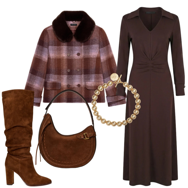 Outfit donna - Total look #2489984. Stile Trendy per Serata fuori. Abbinamento con cappotti, braccialetti, stivali, borse a spalla, vestiti midi/longuette.