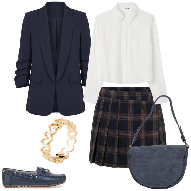 Outfit donna - Total look #2489985. Stile Preppy per Scuola/Università. Abbinamento con minigonne, blazer, borse a spalla, camicie, mocassini, anelli.