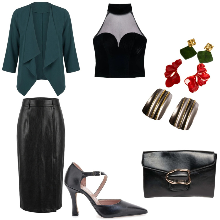 Outfit donna - Gilmore Girls: Lorelai inspired. Stile Glamour per Serata fuori. Abbinamento con top, blazer, gonne longuette, clutch, orecchini, décolleté.