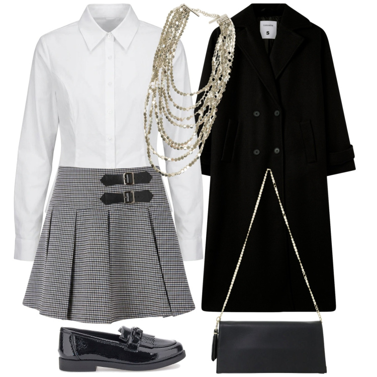 Outfit donna - Total look #2489988. Stile Preppy per Tutti i giorni. Abbinamento con cappotti, minigonne, borse a tracolla, camicie, collane, mocassini.