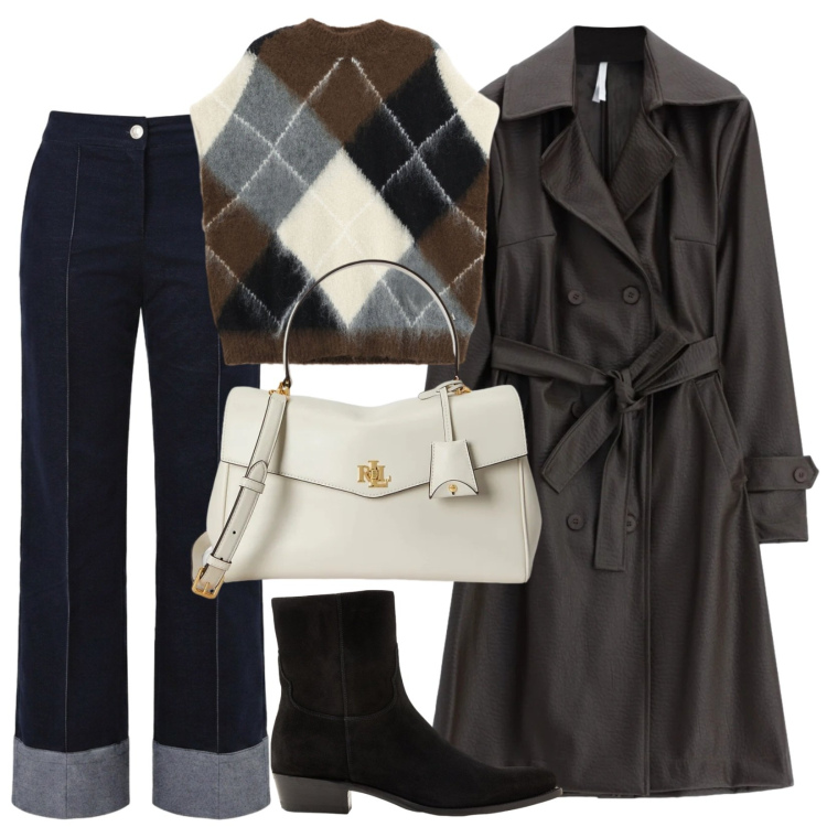 Outfit donna - Trench d'autunno. Stile Trendy per Tutti i giorni. Abbinamento con trench, borse a mano, stivaletti, pantaloni, maglieria.