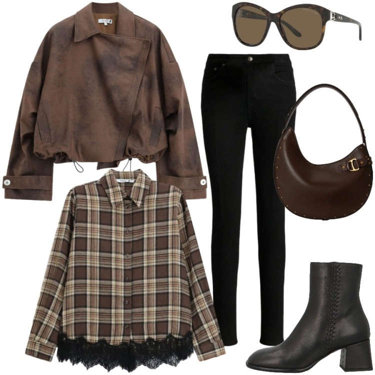 Outfit donna - Ottobre casual chic. Stile Casual chic per Tutti i giorni. Abbinamento con occhiali da sole, jeans skinny, borse a spalla, camicie, bomber, stivaletti.
