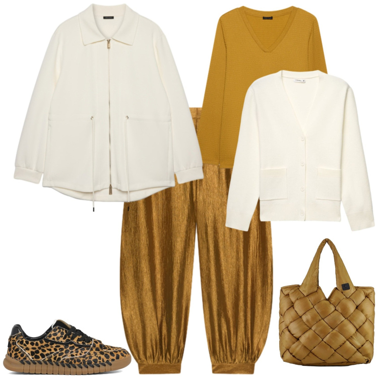 Outfit donna - Casual chic ufficio tempo libero. Stile Casual chic per Ufficio. Abbinamento con t-shirt, pantaloni, felpe, borse tote, cardigans, sneakers.