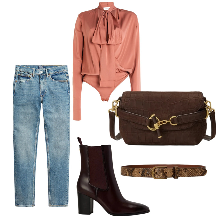 Outfit donna - Total look #2489996. Stile Casual chic per Serata fuori. Abbinamento con jeans slim fit, cinture, borse a spalla, stivaletti, body.