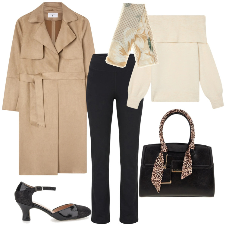 Outfit donna - Il trench oversize. Stile Casual chic per Ufficio. Abbinamento con trench, maglieria, décolleté, foulard, pantaloni, borse a spalla.
