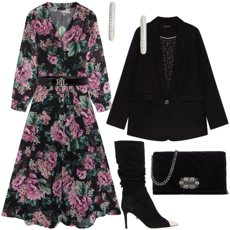 Outfit donna - Serata romantica. Stile Romantica per Serata fuori. Abbinamento con vestiti midi/longuette, blazer, cinture, orecchini, borse a tracolla, stivali.