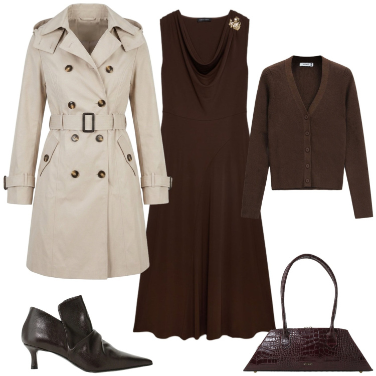 Outfit donna - Ufficio tempo libero. Stile Casual chic per Ufficio. Abbinamento con stivaletti, vestiti lunghi, cardigans, borse a spalla, trench.