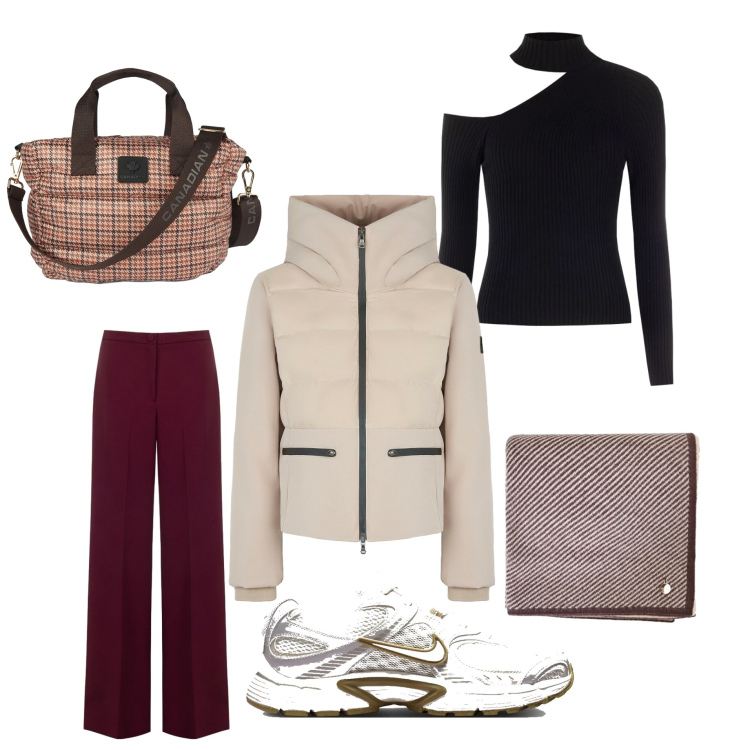 Outfit donna - Sabato relax. Stile Casual per Tutti i giorni. Abbinamento con sciarpe, pantaloni a palazzo, maglieria, piumini, borse tote, sneakers.