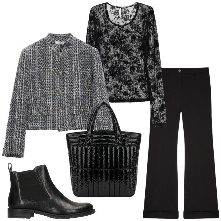 Outfit donna - Total look #2490006. Stile Mannish per Serata fuori. Abbinamento con top, pantaloni, cappotti, borse a mano, stivaletti.