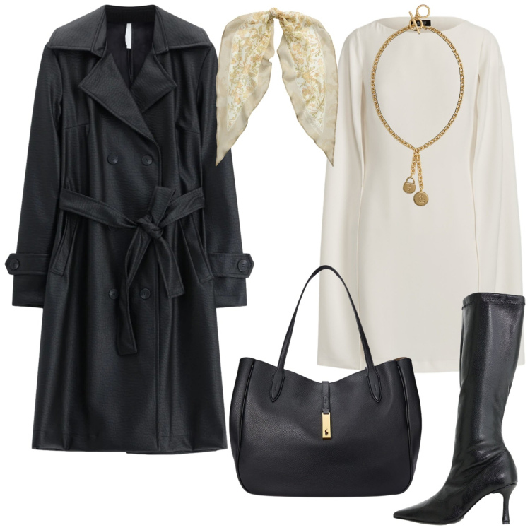 Outfit donna - Il trench nero. Stile Glamour per Serata fuori. Abbinamento con stivali, trench, borse tote, vestiti corti, foulard, ciondoli.