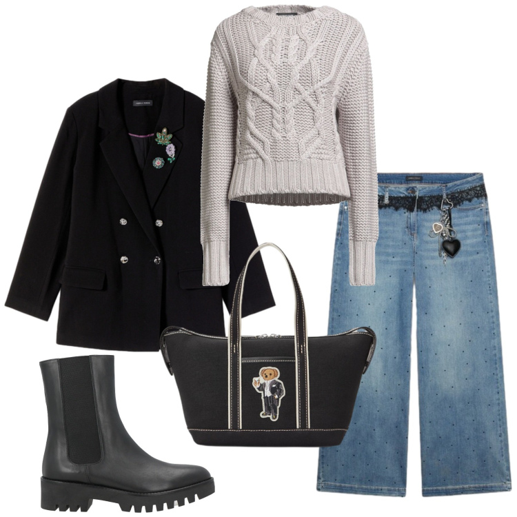 Outfit donna - Total look #2490010. Stile Casual per Tutti i giorni. Abbinamento con jeans, blazer, borse tote, pullovers, stivaletti chelsea.
