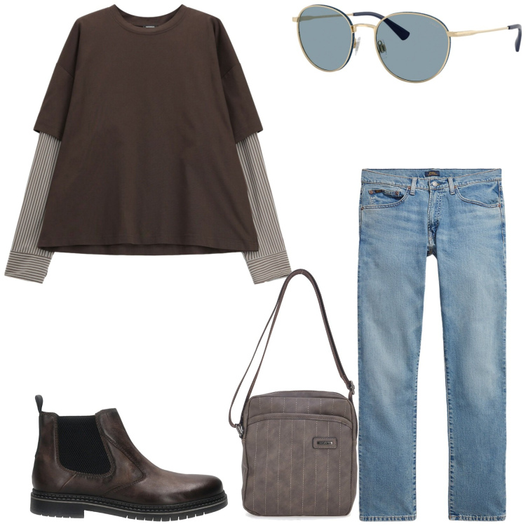 Outfit uomo - Total look #2490015. Stile Trendy per Tutti i giorni. Abbinamento con t-shirt, jeans, occhiali da sole, portafogli, stivali e stivaletti.