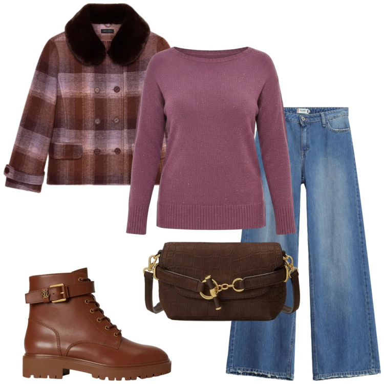 Outfit donna - Total look #2490023. Stile Casual per Tutti i giorni. Abbinamento con cappotti, anfibi, borse a spalla, jeans dritti, maglieria.