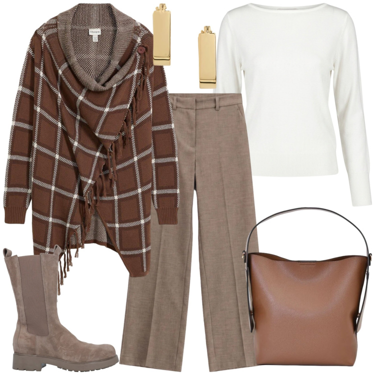 Outfit donna - Tessuti avvolgenti ad ottobre-@mikytwins. Stile Casual chic per Tutti i giorni. Abbinamento con pantaloni, orecchini, borse a mano, maglieria, stivali, cardigans.