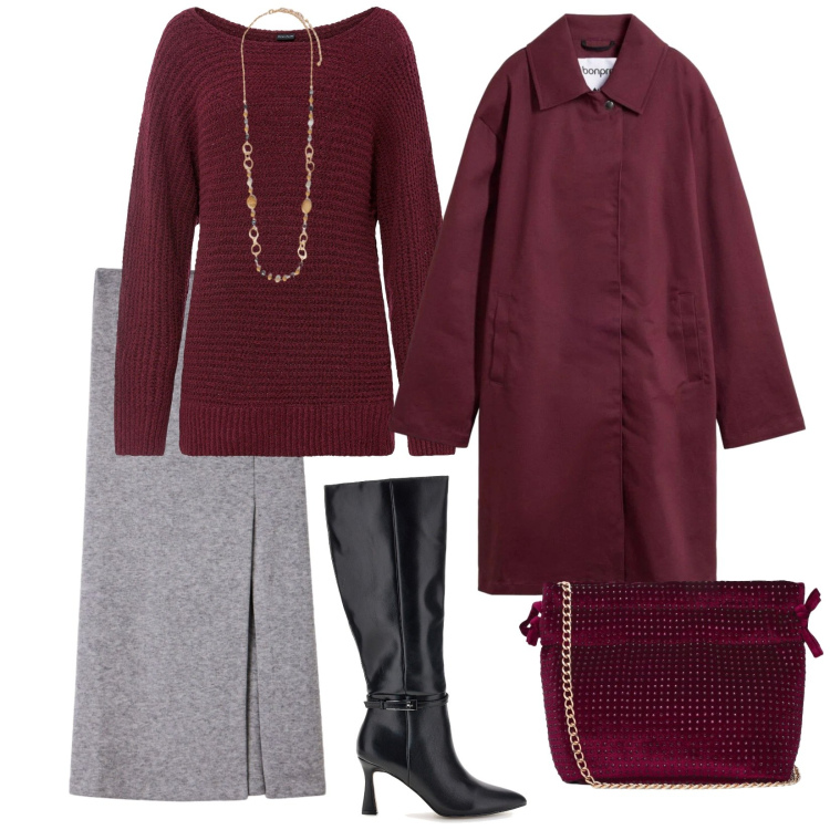 Outfit donna - Ogni giorno. per Tutti i giorni. Abbinamento con collane, borse a tracolla, gonne longuette, trench, maglieria, stivali.