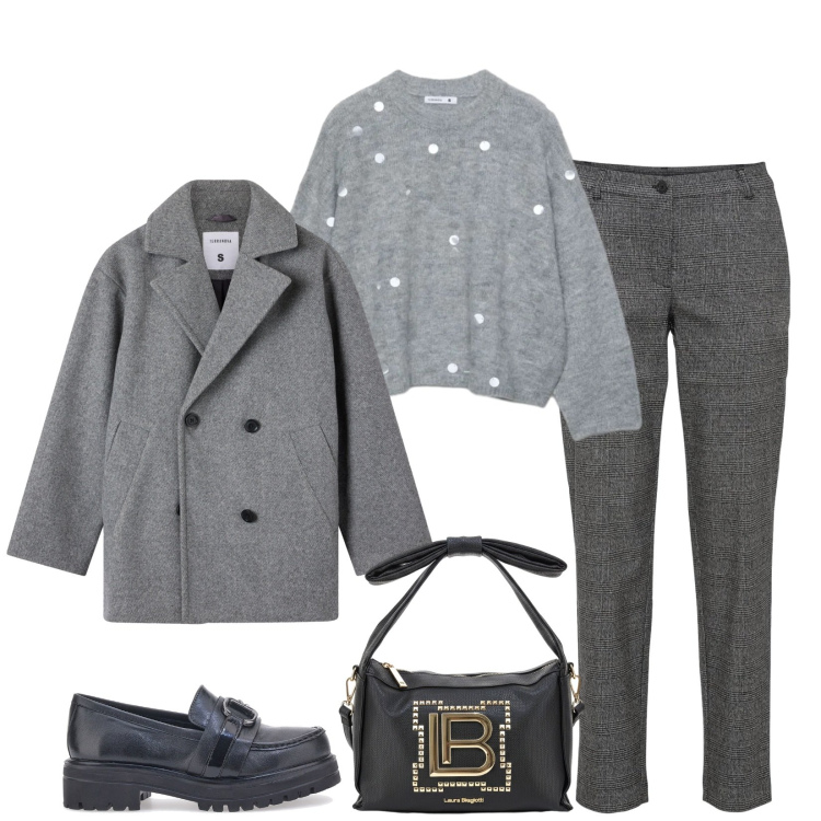 Outfit donna - Total look #2490041. Stile Casual chic per Ufficio. Abbinamento con maglieria, caban, pantaloni chino, borse a mano, mocassini.